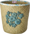 Rice - Raffia Basket With Blue Flower Embroidery And Flower Fabric Edge -