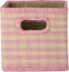 Rice - Raffia Square Basket With Handle Opening - Pink Checks - Small