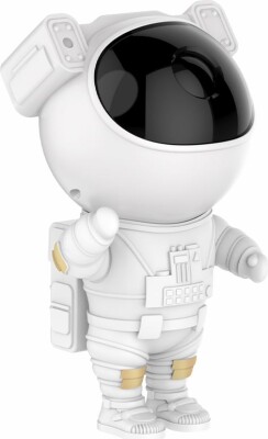 Hvid astronautfigur med sort visir, set fra siden