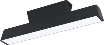 Smal sort aflang loftlampe på et beslag, set skråt fra siden