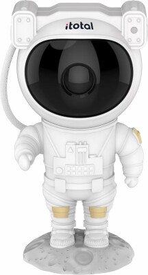 Hvid astronautfigur med sort visir, der står på en grå månesokkel