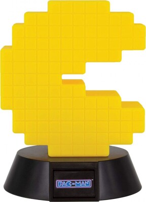 Gul pixeleret Pac-Man-figur på en sort sokkel