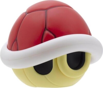 Rød skildpaddeskal fra Mario Kart med hvid kant og gul underside