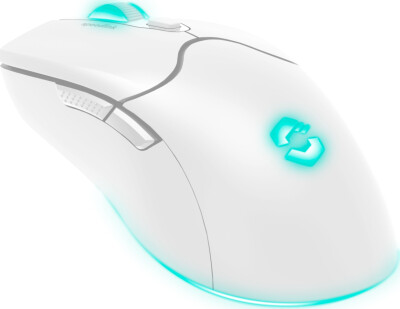 Hvid Speedlink Velox-mus med lys i bunden og et oplyst logo
