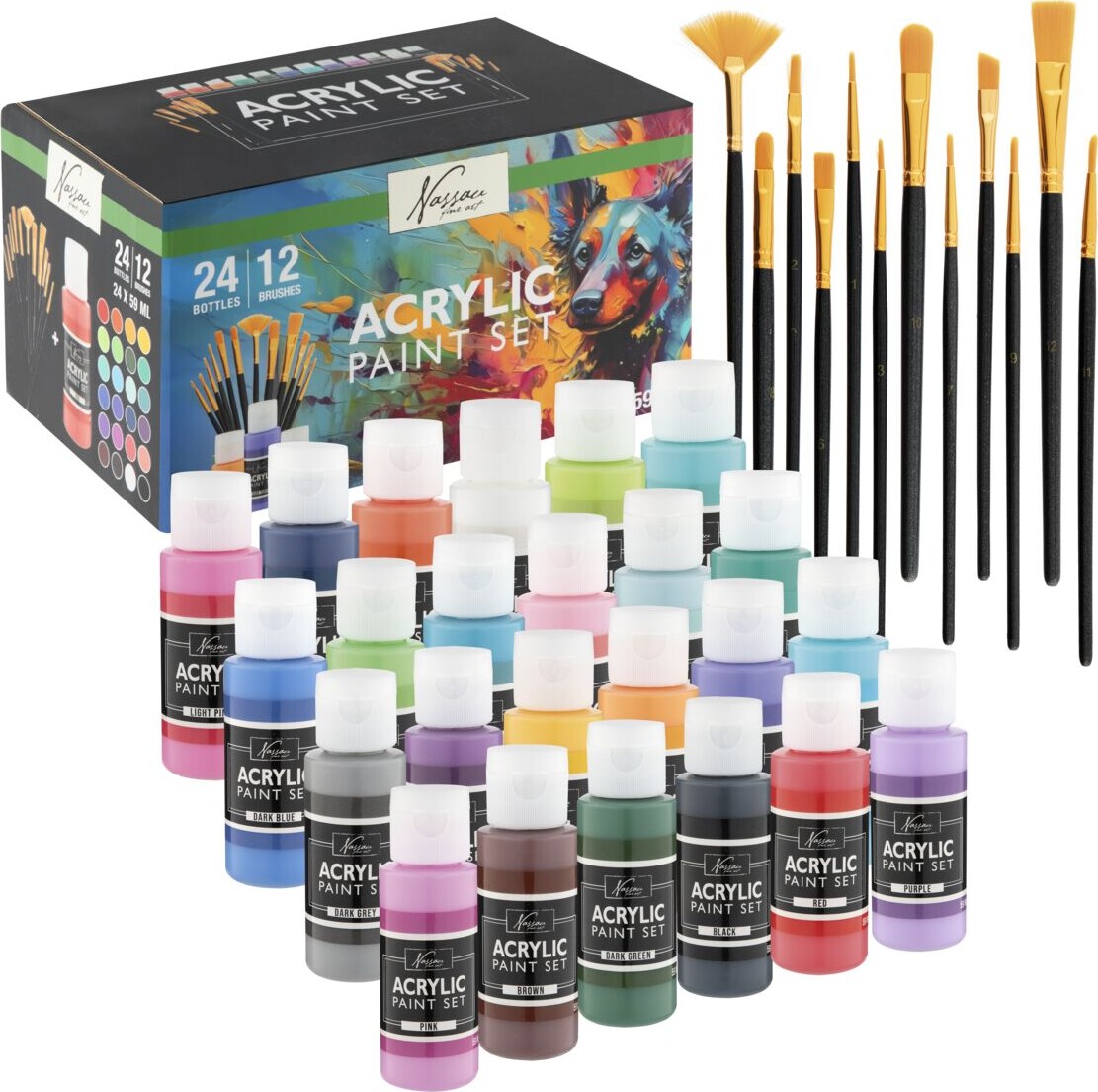 Akrylmaling Sæt - Nassau Fine Art - 24 X 59 Ml - Inkl. 12 Pensler