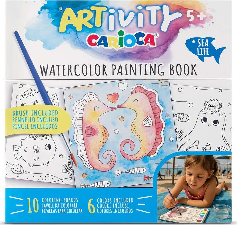 Aktitetssæt Bog M/havets Dyr, Vandfarver & Pensel - 43619 - Carioca - Bog
