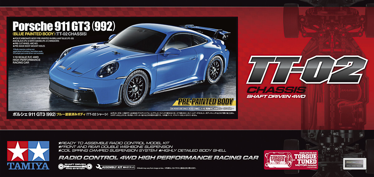 Billede af Tamiya - Rc Porsche 911 Gt3 992 Blue Tt-02 Fjernstyret Bil Byggesæt - 1:10 - 47496