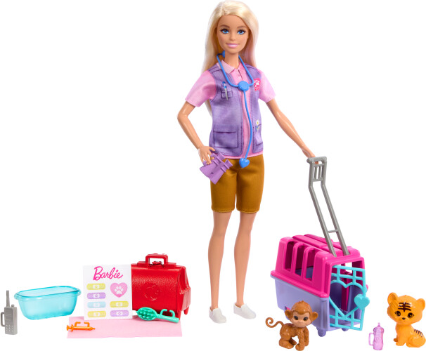 Barbie Dyreredning og pleje – legesæt med blond dukke, 2 dyrefigurer og tilbehør (HRG50)