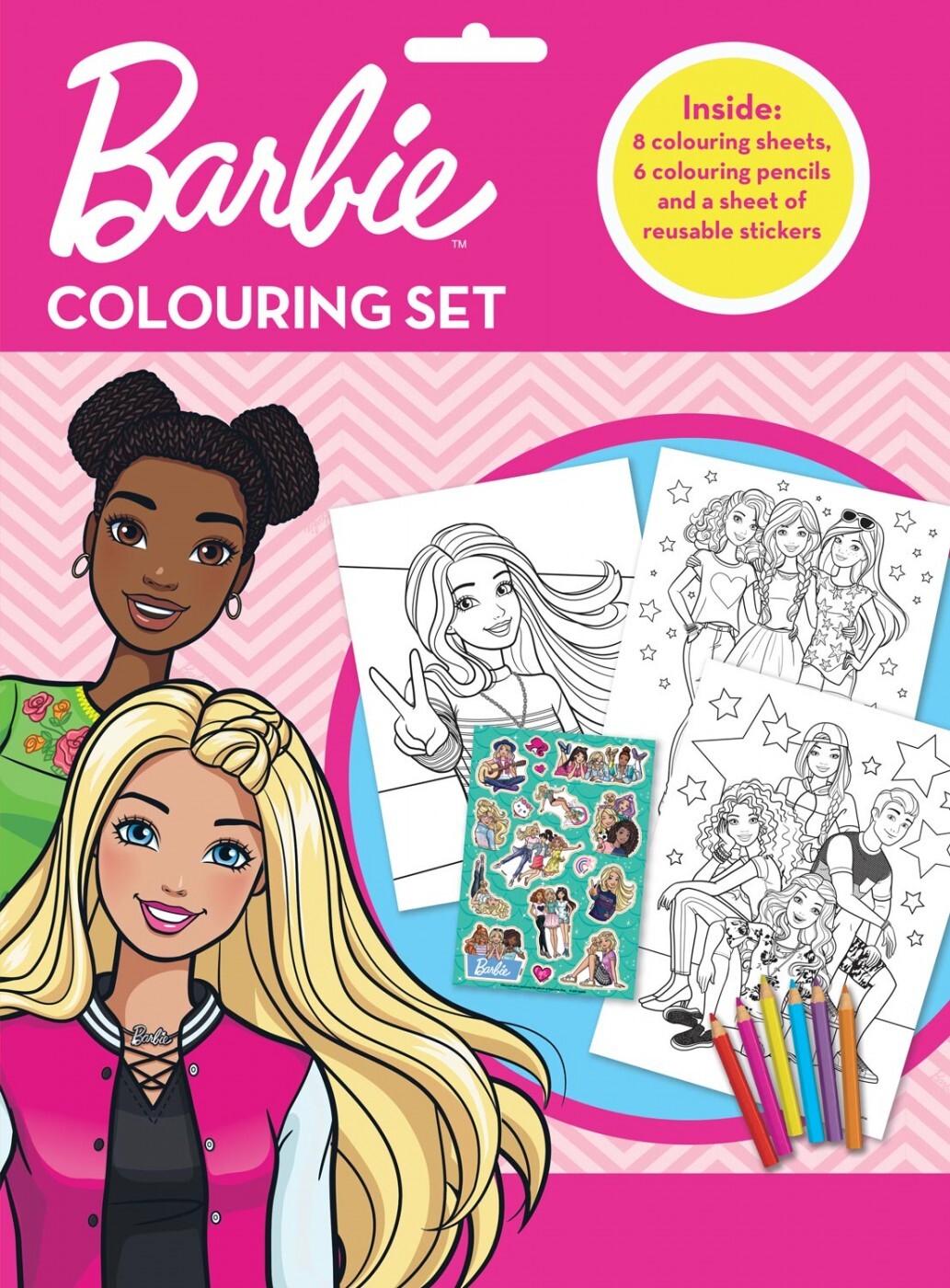 Barbie - Clouring Set - Malesæt Inkl. 8 Ark, 6 Farver Og Stickers