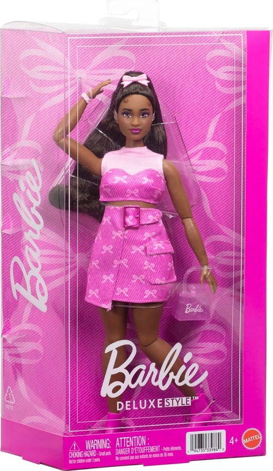 Barbie Deluxe Style mørk dukke - Pink denim nederdel og høreapperat - 30 cm