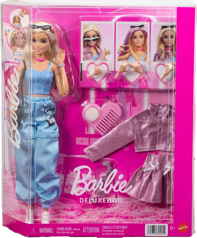 Barbie Deluxe Style dukke med farveskiftende hår og tilbehør - 30 cm