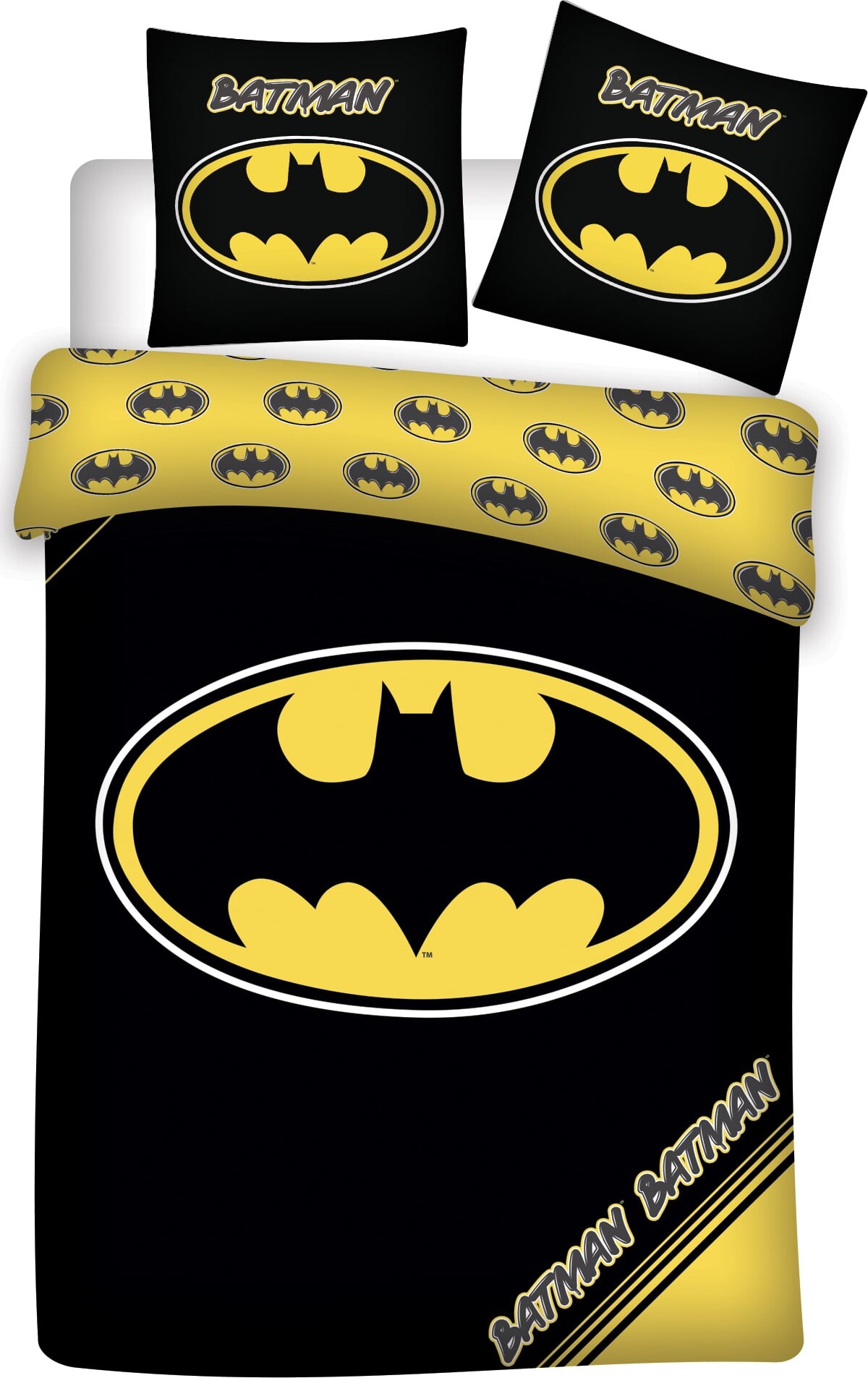Batman sengetøj - 140x200 cm - Batman logo og små emblemer - 2 i 1 sengesæt - 100% bomuld