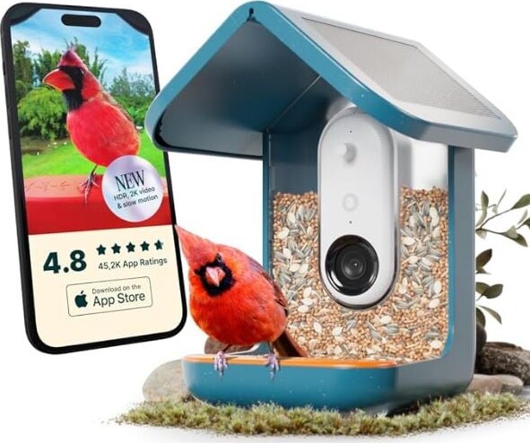 Birdbuddy - Smart Bird Feeder 2.0 Blå Med Solpaneler - Ai Artgenkendelser 2k Ultra Video
