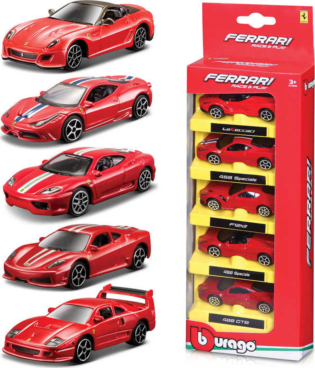 Bburago - Ferrari Race & Play Sæt Med 5 Biler - 1:64 - 7 Cm - Assorteret