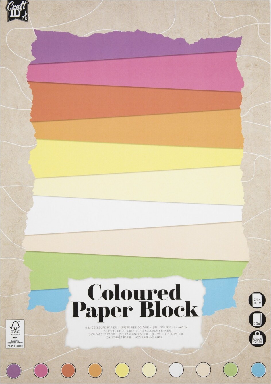Farvet Papir Blok - 24x34 Cm - 120-220 G - Pastel Farver - 24 Ark