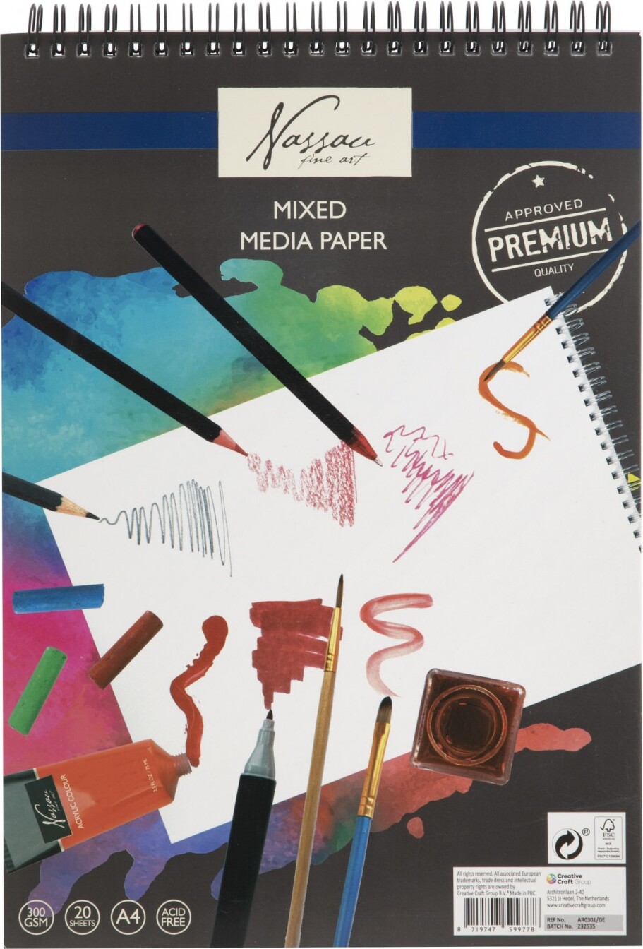 Tegneblok Med Spiralryg - A4 - 300 G - 20 Ark - Nassau Fine Art