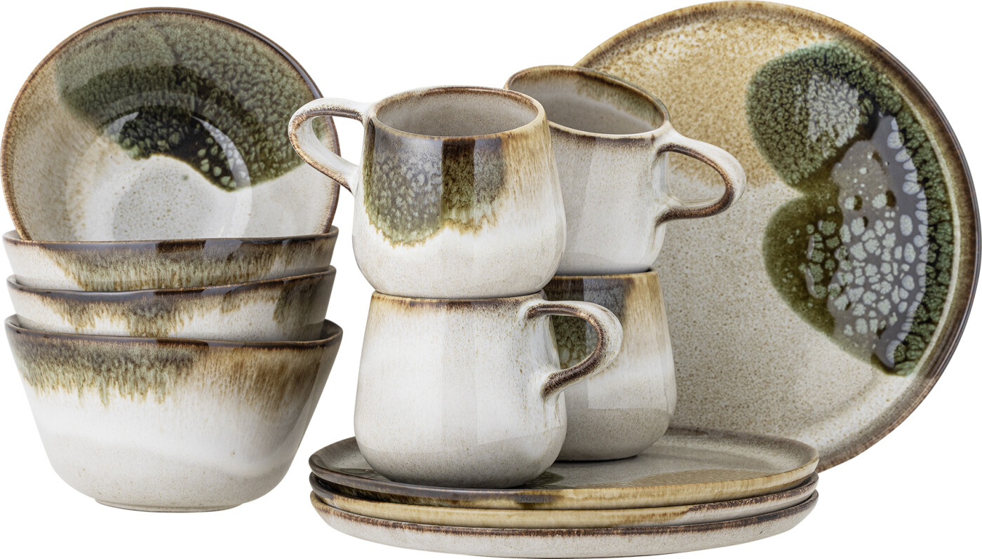 Bloomingville - Jules Morgenmadssæt, Grøn, Stentøj, C:D9xH8/B:D15,5xH8,5/P:D22xH2, Set of 4x3 Items