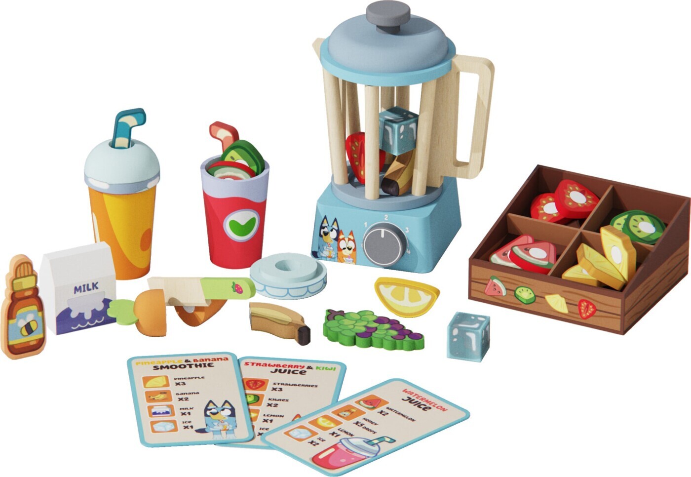 Bluey - Wooden Smoothie Set - Legemad Sæt I Træ - 24 Dele