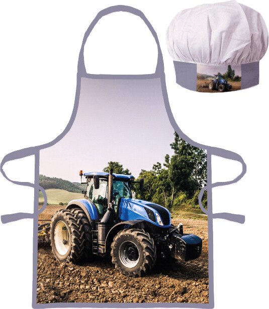 Børneforklæde Og Kokkehue - Traktor - Grå