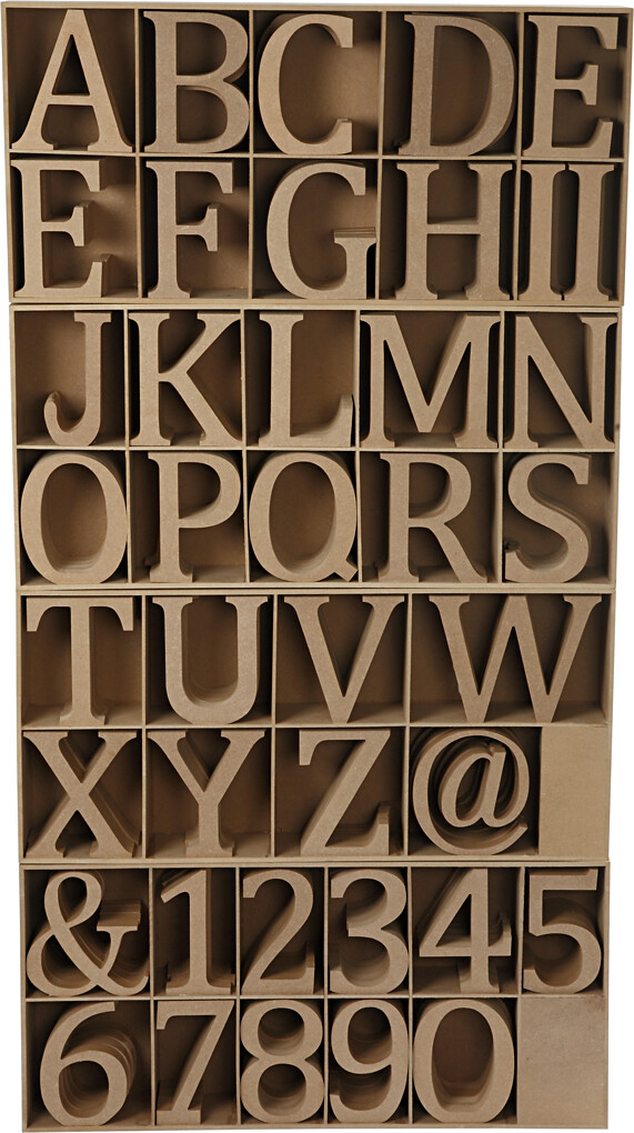 Bogstaver, tal og symboler af træ, H: 13 cm, tykkelse 2 cm, 160 stk./ 1 pk.