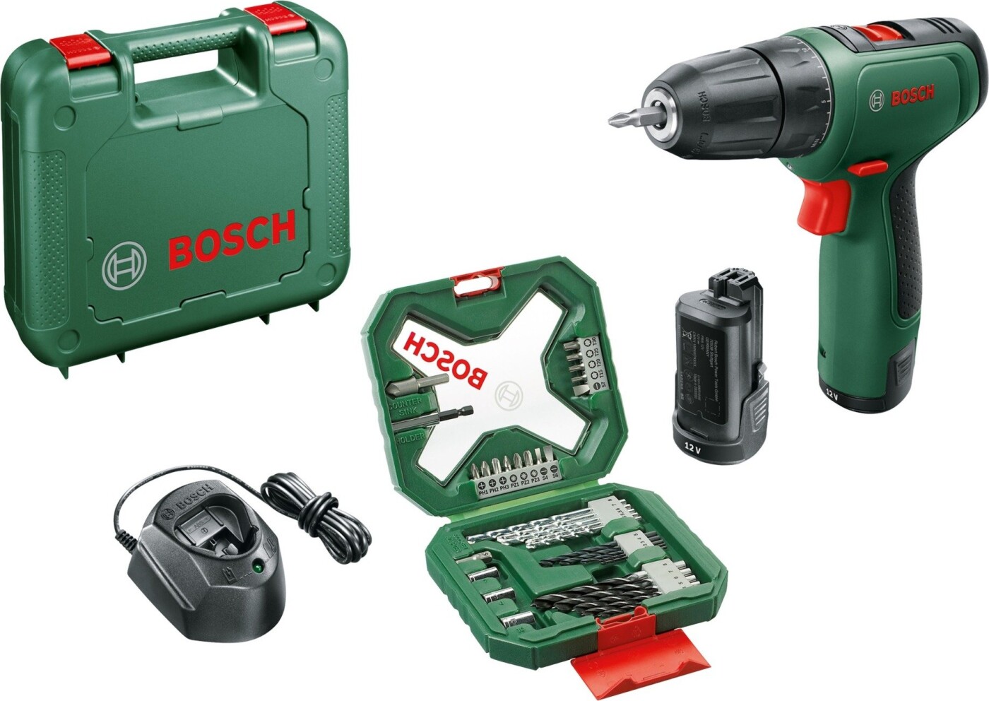 Bosch Cordless Drill Driver Easydrill 1200 + 34-piece Bit And Drill Set  (2x Li-ion Battery 1.5ah, Case)