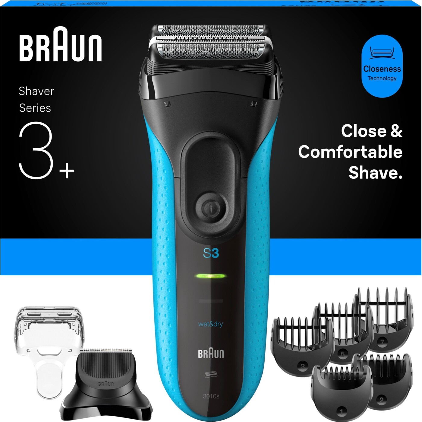 Braun - Series 3+ Elektrisk Barbermaskine Med Skægtrimmertilbehør, Våd- Og Tørbarbering - 3010bt - Blå
