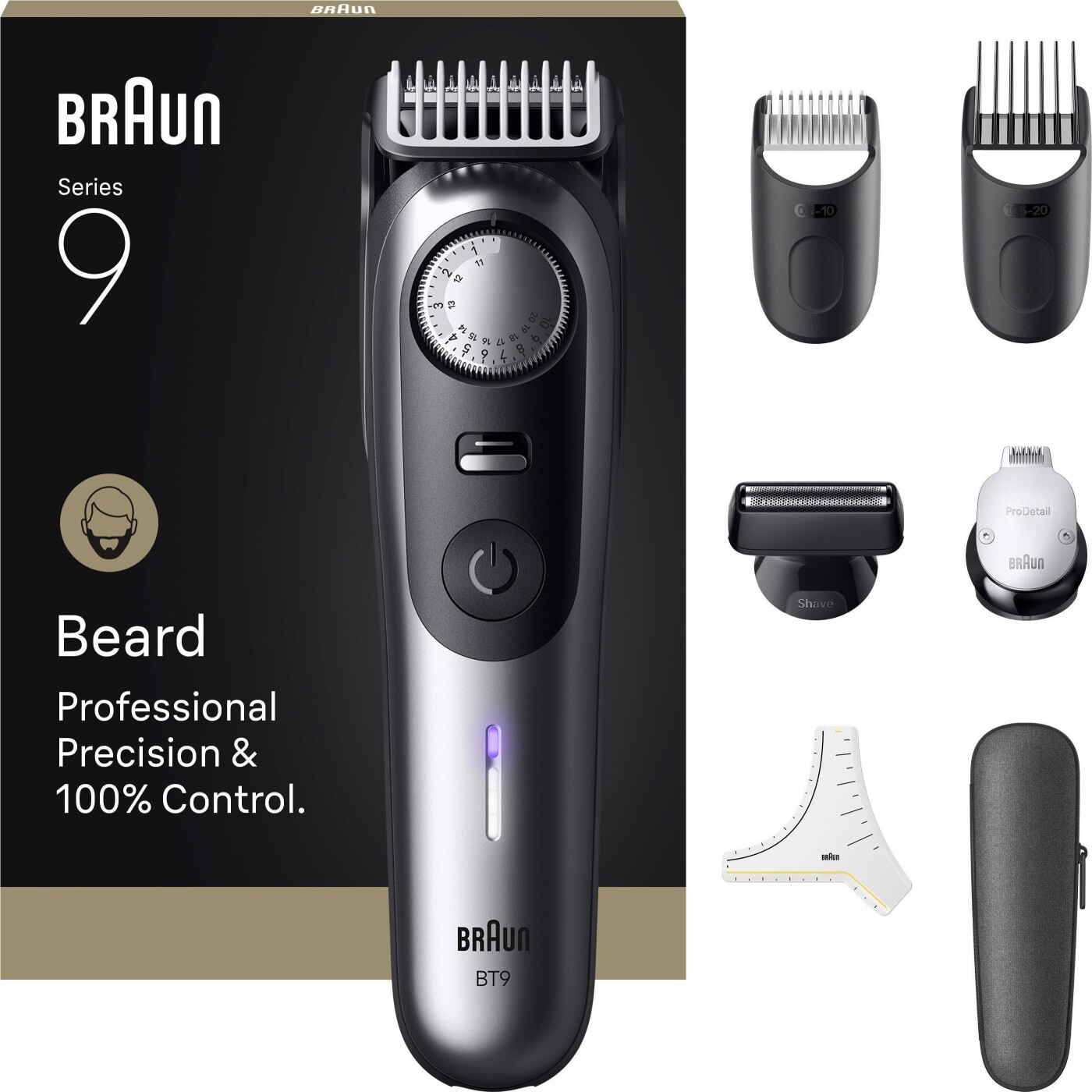 Braun - Skægtrimmer Series 9, +7 Barberingsredskaber, Bt9520 - Satin Chrome