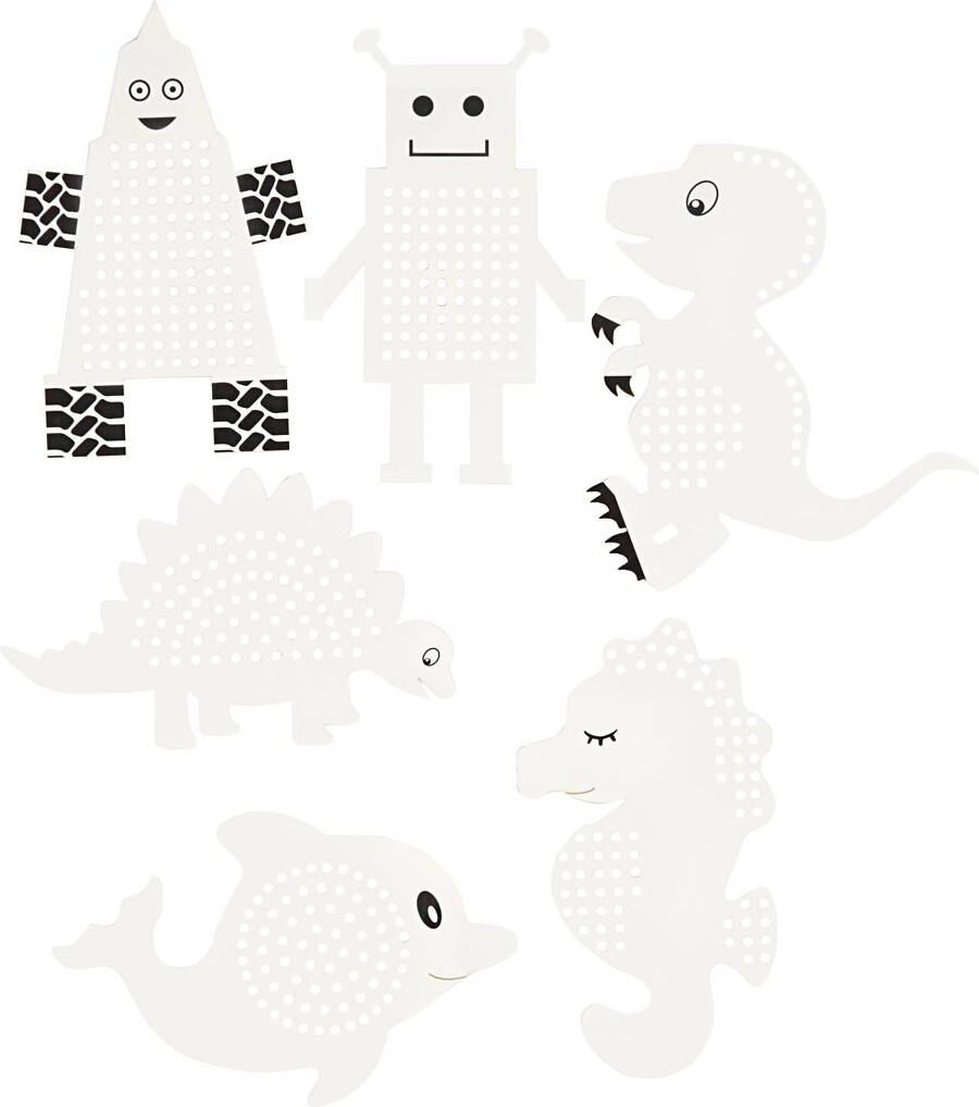 Broderifigurer - Dyr/robotter - H 8-13 Cm - Hvid - 6x3 Stk.