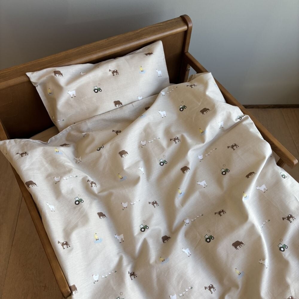 Bondegårdsmotiv sengetøj - 100% bomuld - Junior sengetøj 100x140 cm - Beige med bondegårdsmotiver