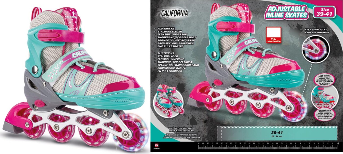 Rulleskøjter Med Lys - Str 39 - 41 - Inliners - Grøn Og Pink