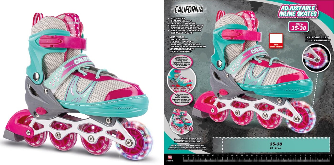 Rulleskøjter Med Lys - Str 35-38 - Inliners - Grøn Og Pink