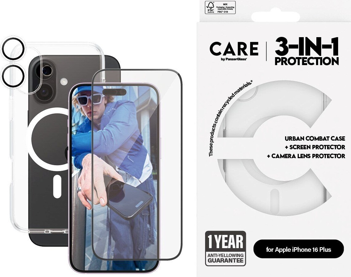Care By Panzerglass - Iphone 16 Plus - 3-in-1 Cover Sæt - Gennemsigtig