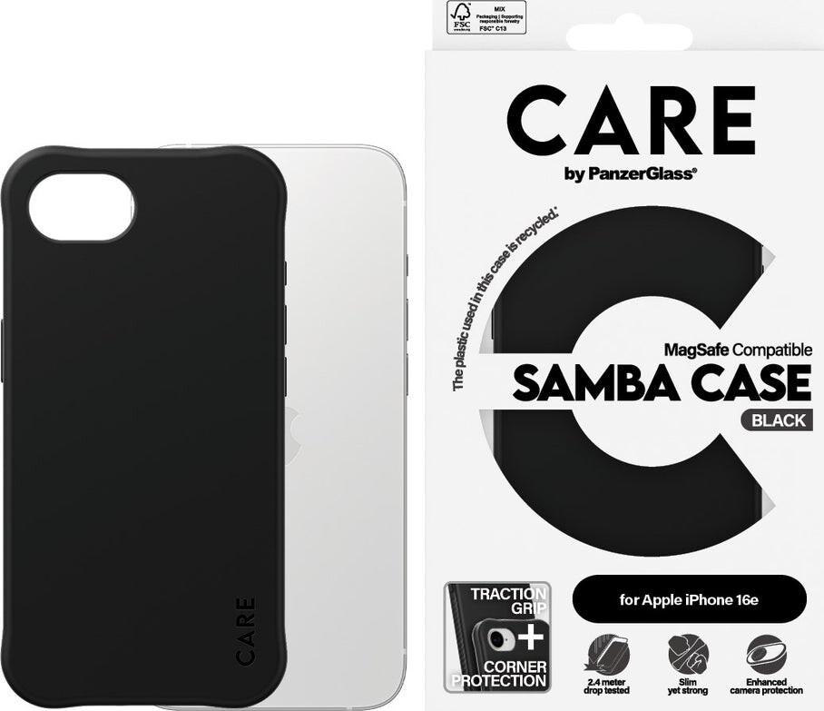 PanzerGlass CARE by Fashionable Case Samba Black w. Qi Compatible iPhone 16e Beskyttelsescover Sort Apple iPhone 16e