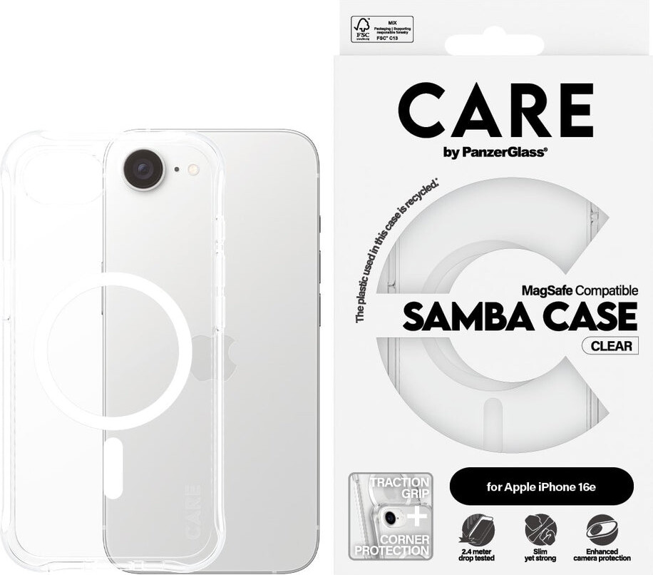 PanzerGlass CARE by Fashionable Case Samba Transparent w. White Qi Compatible iPhone 16e Beskyttelsescover Transparent Apple iPhone 16e