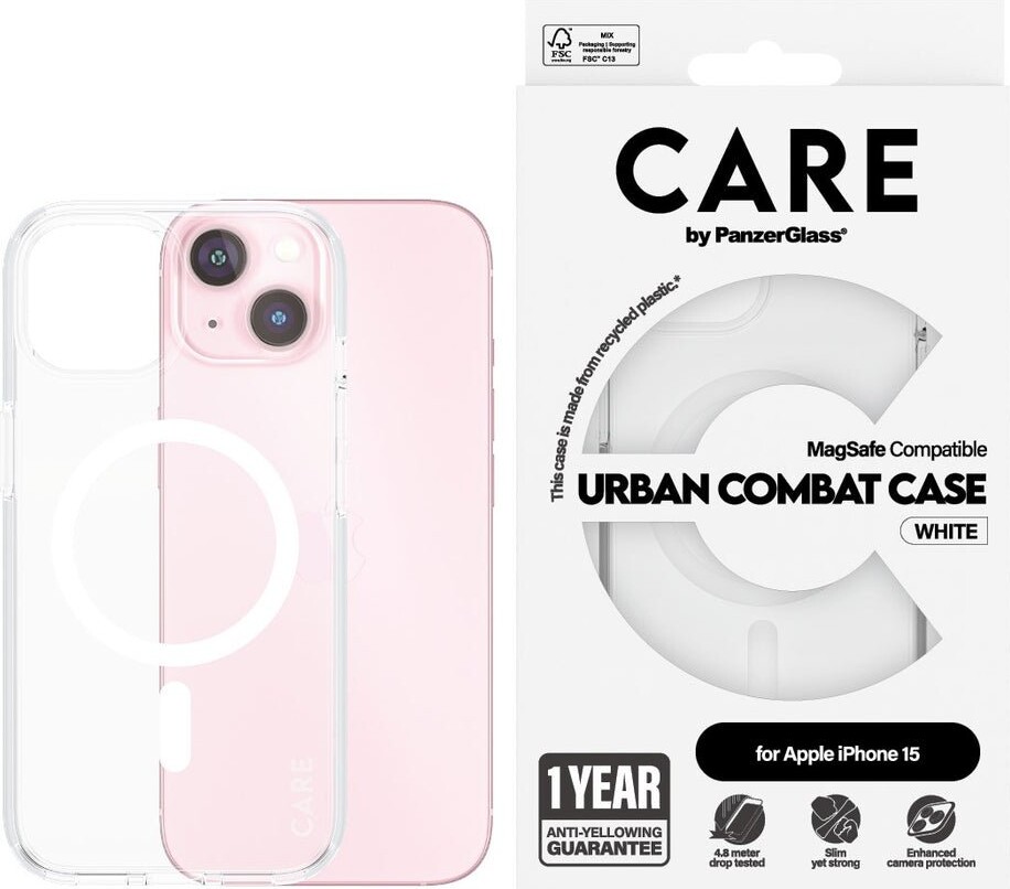 CARE by PanzerGlass - Flagskibsetui Transparent Urban Combat m. hvid MagSafe - iPhone 15