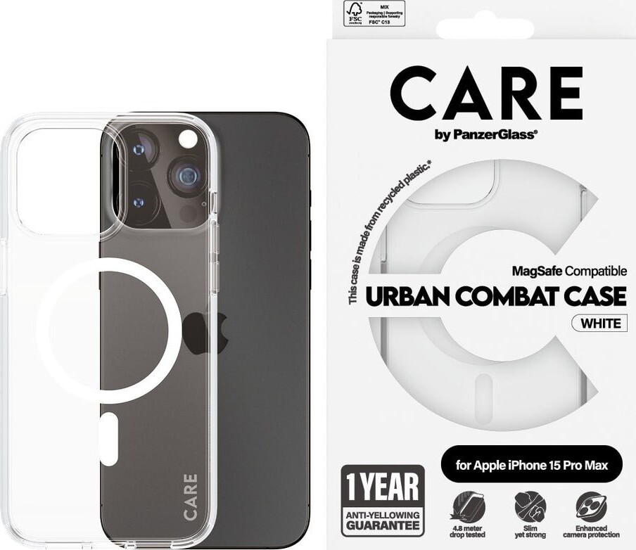 CARE by PanzerGlass Flagship Case Transparent Urban Combat w. White MagSafe iPhone 15 Pro Max
