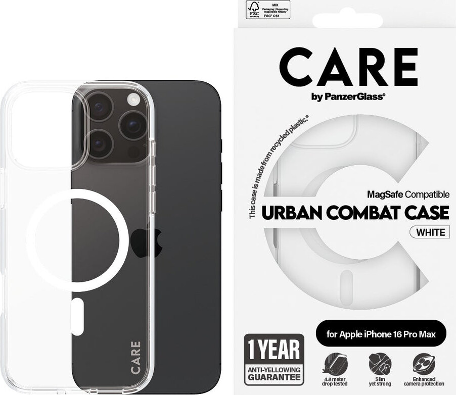 CARE by PanzerGlass Urban Combat - Bagsidecover til mobiltelefon - MagSafe-kompatibilitet - genbrugt plastik - gennemsigtig, hvid - for Apple iPhone 16 Pro Max