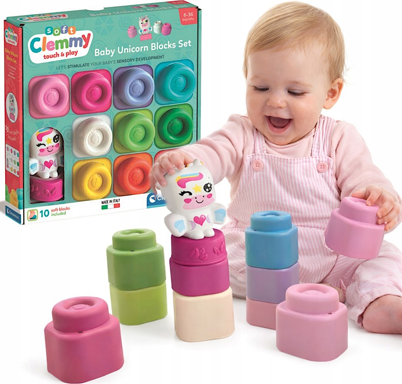 Clementoni - Soft Clemmy - Baby Unicorn Blocks Set - 10 Klodser
