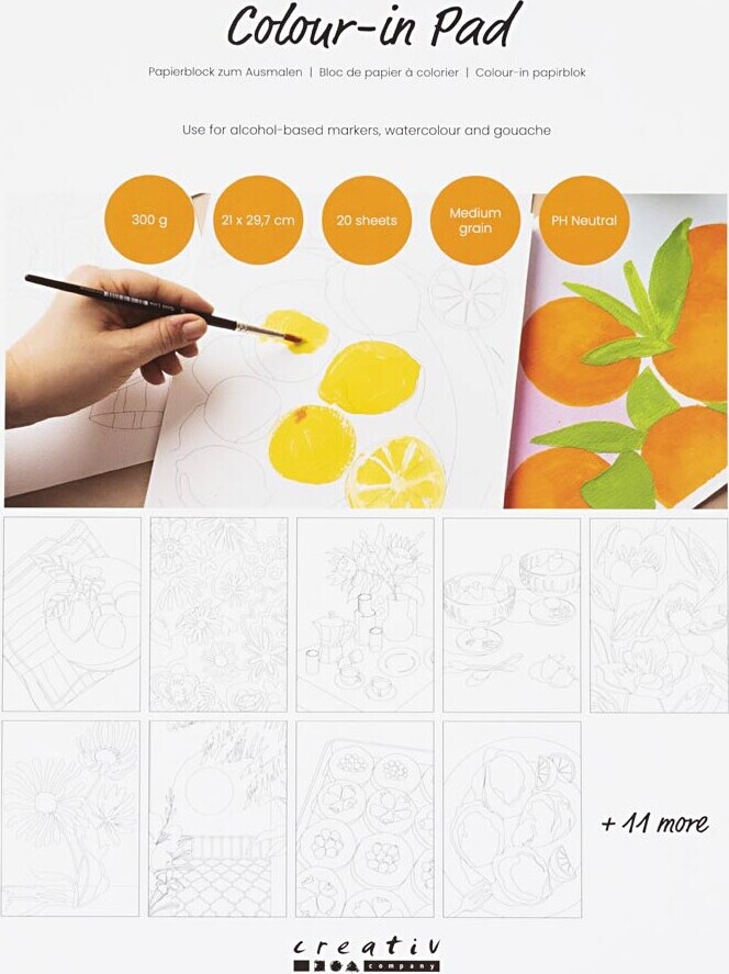 Colour-in Papirblok - A4 - Ark 210x297 Mm - Koldpresset,mellemkornet - 300 G - Hvid - 20 Ark/ 1 Stk.