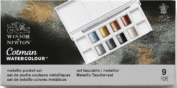 Winsor & Newton - Akvarelfarve Pan Sæt - 9 Dele - Metallic Pocket