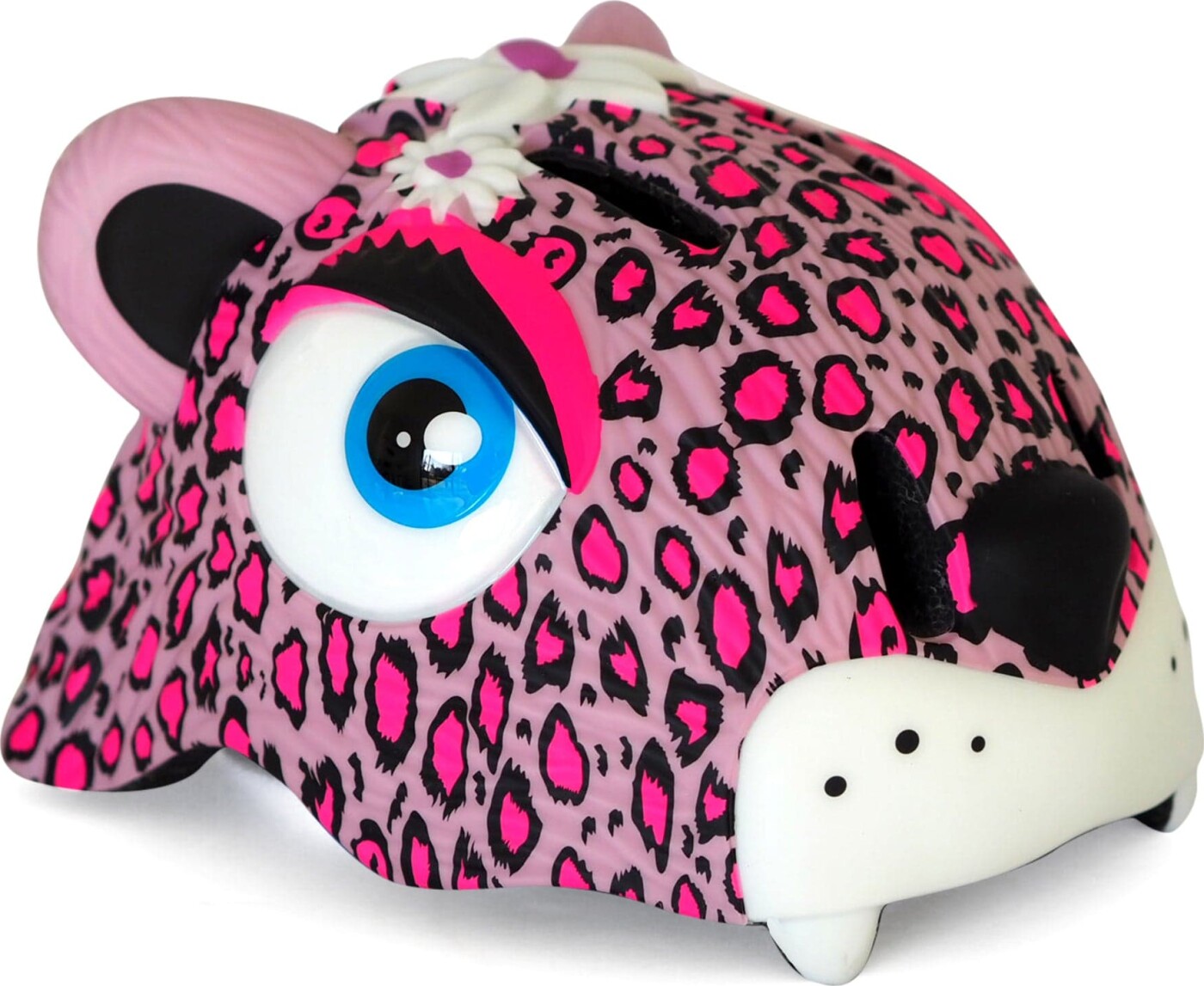 Se Crazy Safety pink leopardcykelhjelm til børn. Testet, sikkerhedsgodkendt og EN1078 certificeret. hos Gucca.dk