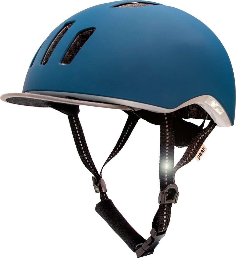 Se Crazy Safety Blå/Petrolium cykelhjelm til mænd og kvinder. Aftagelig skygge, refleksstropper og LED lys. M/L 53-59cm. Testet, godkendt og certificeret hos Gucca.dk