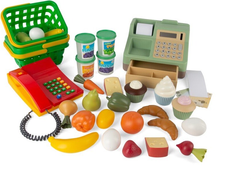 Dantoy - Komplet Kasseapparat Sæt Til Børn - Med Mad Og Kurv