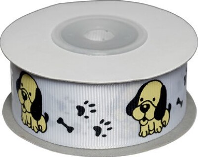 Dekobånd Hvid M/hunde 25mm 10m - Polyester