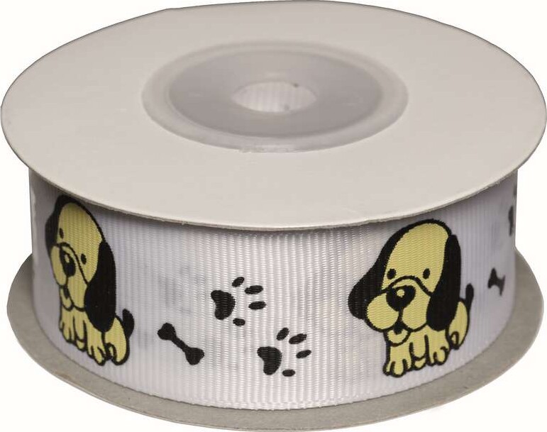 Dekobånd Hvid M/hunde 25mm 10m - Polyester