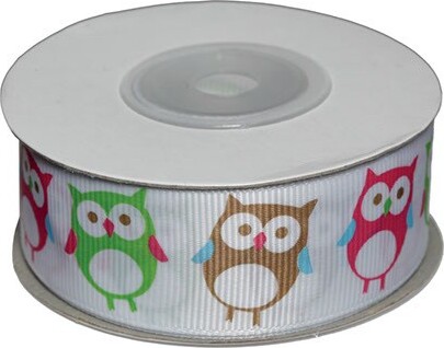 Dekobånd Hvid M/ugler 25mm 10m - Polyester