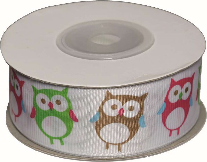 Dekobånd Hvid M/ugler 25mm 10m - Polyester