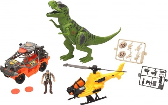 Dino Valley - Dinosaur Legetøj - T-rex Revenge Sæt Med Helikopter Og Køretøj