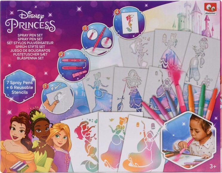 Disney Princess - Spray Pen Male Sæt - 7 Penne Og 6 Skabeloner