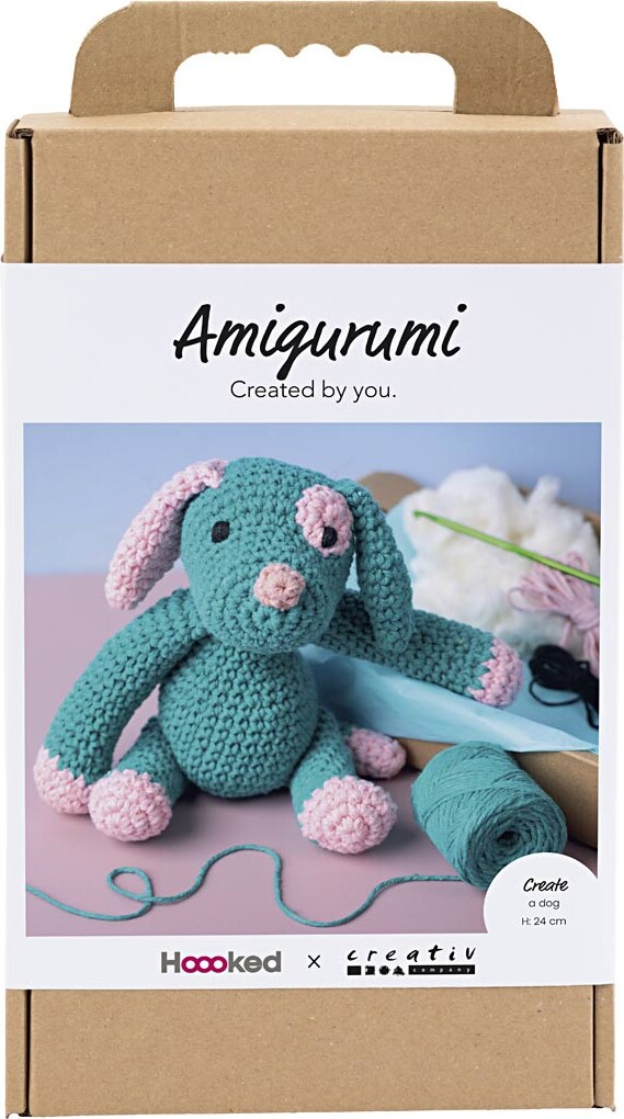 Diy Kit Amigurumi - Hundehvalp - Pastelpink - Mørk Turkis